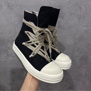 Rick Owens Black and Cream High-Top Sneakers